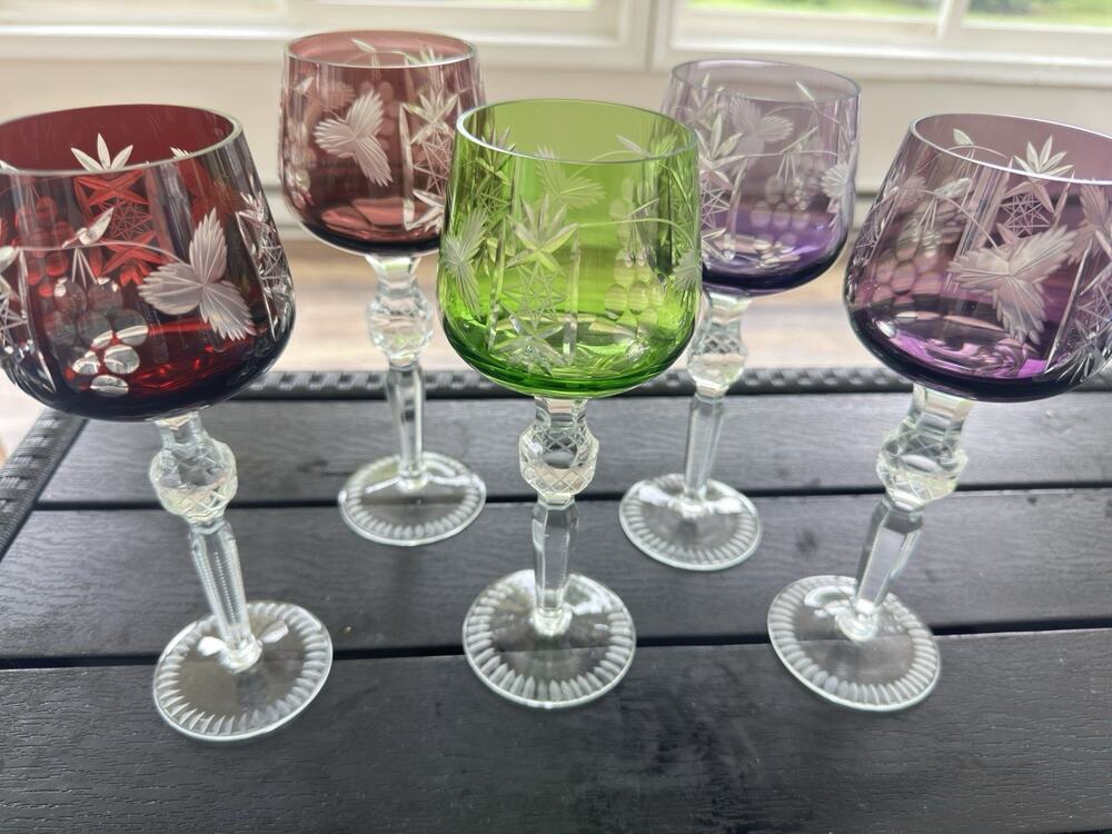 Vintage Bohemian Cut to Clear Crystal Wine Glass 8-1/2”~set Of 5